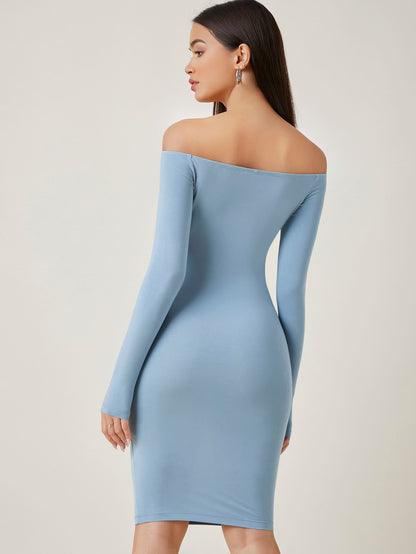 Vestido ajustado con mangas de hombros descubiertos con altura a la rodilla para mujer