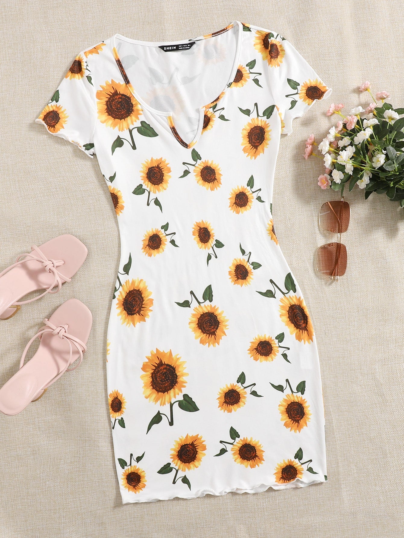 Vestido con estampado de girasol de cuello V para mujer