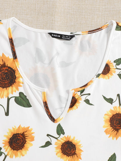 Vestido con estampado de girasol de cuello V para mujer