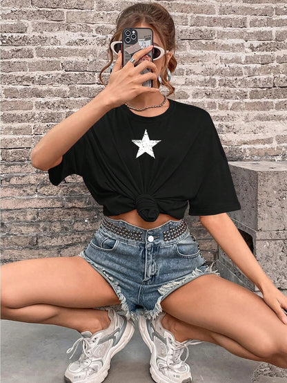 Camiseta Casual Con Estampado De Estrellas OVERSIZE