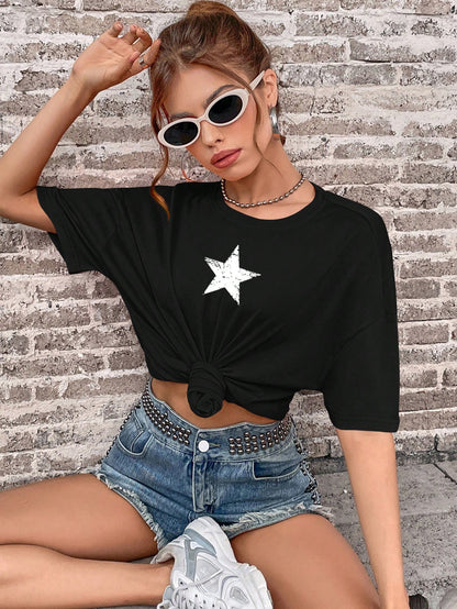 Camiseta Casual Con Estampado De Estrellas OVERSIZE