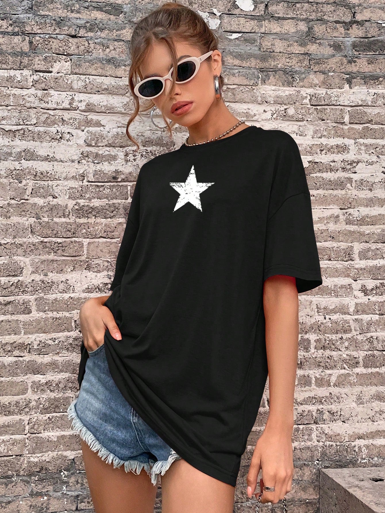 Camiseta Casual Con Estampado De Estrellas OVERSIZE