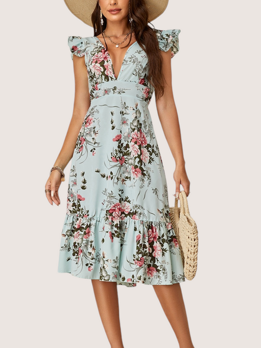 Vestido largo con diseño floral y cuello en v con escote de espalda para mujer