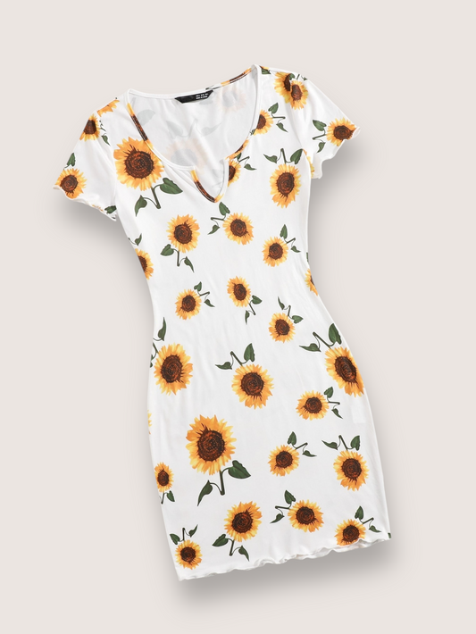 Vestido con estampado de girasol de cuello V para mujer