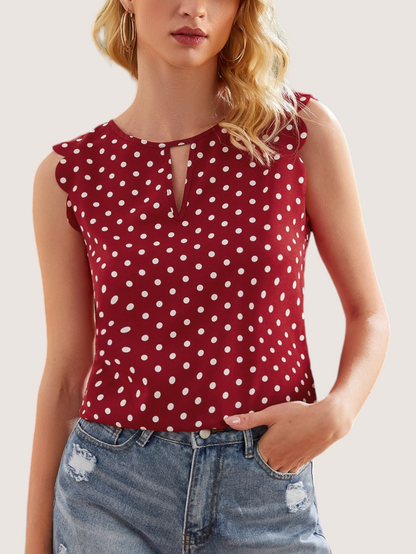 Blusa sin mangas con orilla de relieve con diseño de lunares y cuello redondo para mujer